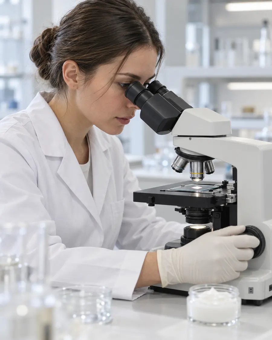 Analis QC memeriksa sampel krim di bawah mikroskop